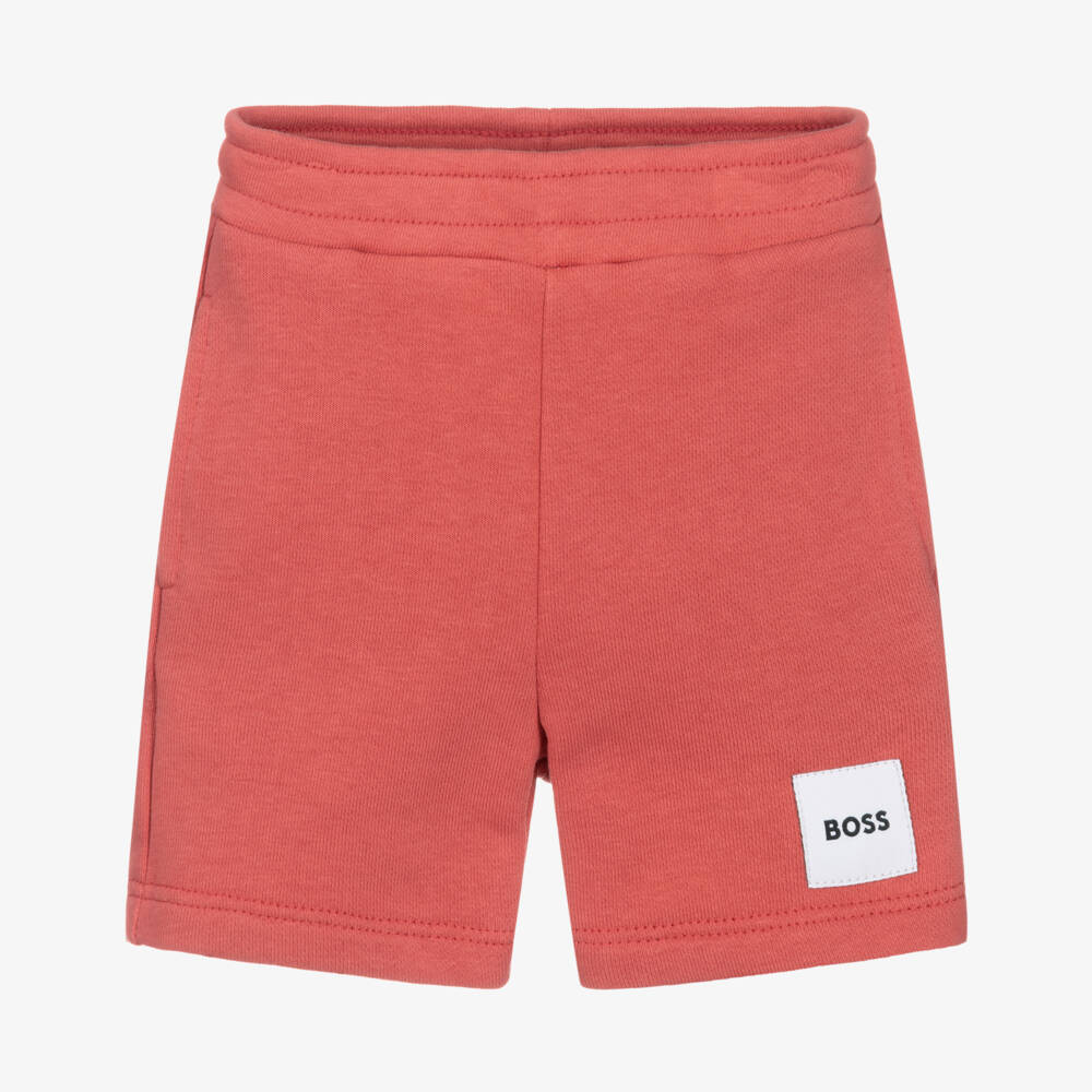 BOSS-Boys Coral Red Cotton Jersey Shorts | Childrensalon