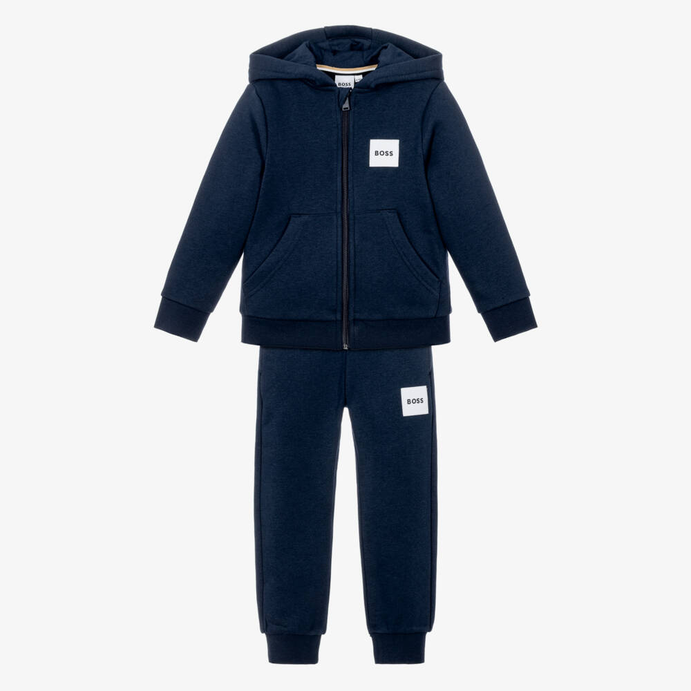 BOSS-Boys Cotton Jersey Zip-Up Tracksuit in Navy Blue | Childrensalon