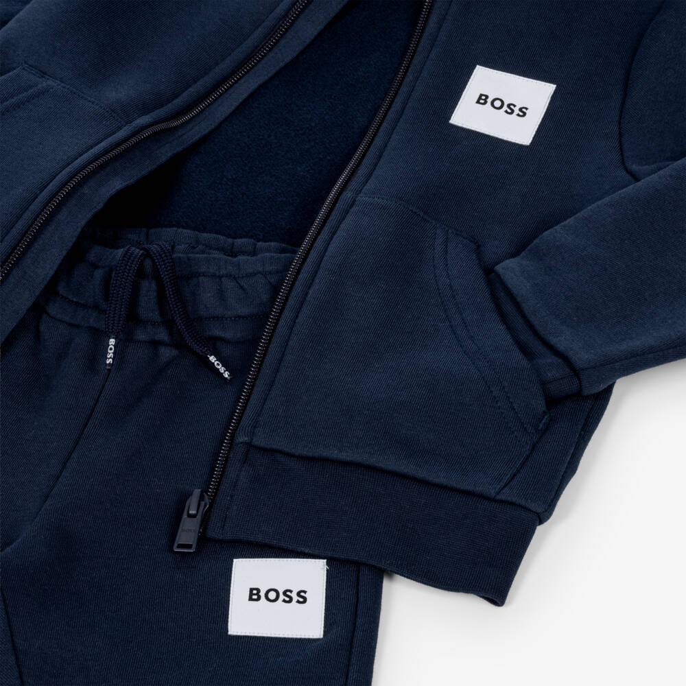 BOSS-Boys Cotton Jersey Zip-Up Tracksuit in Navy Blue | Childrensalon