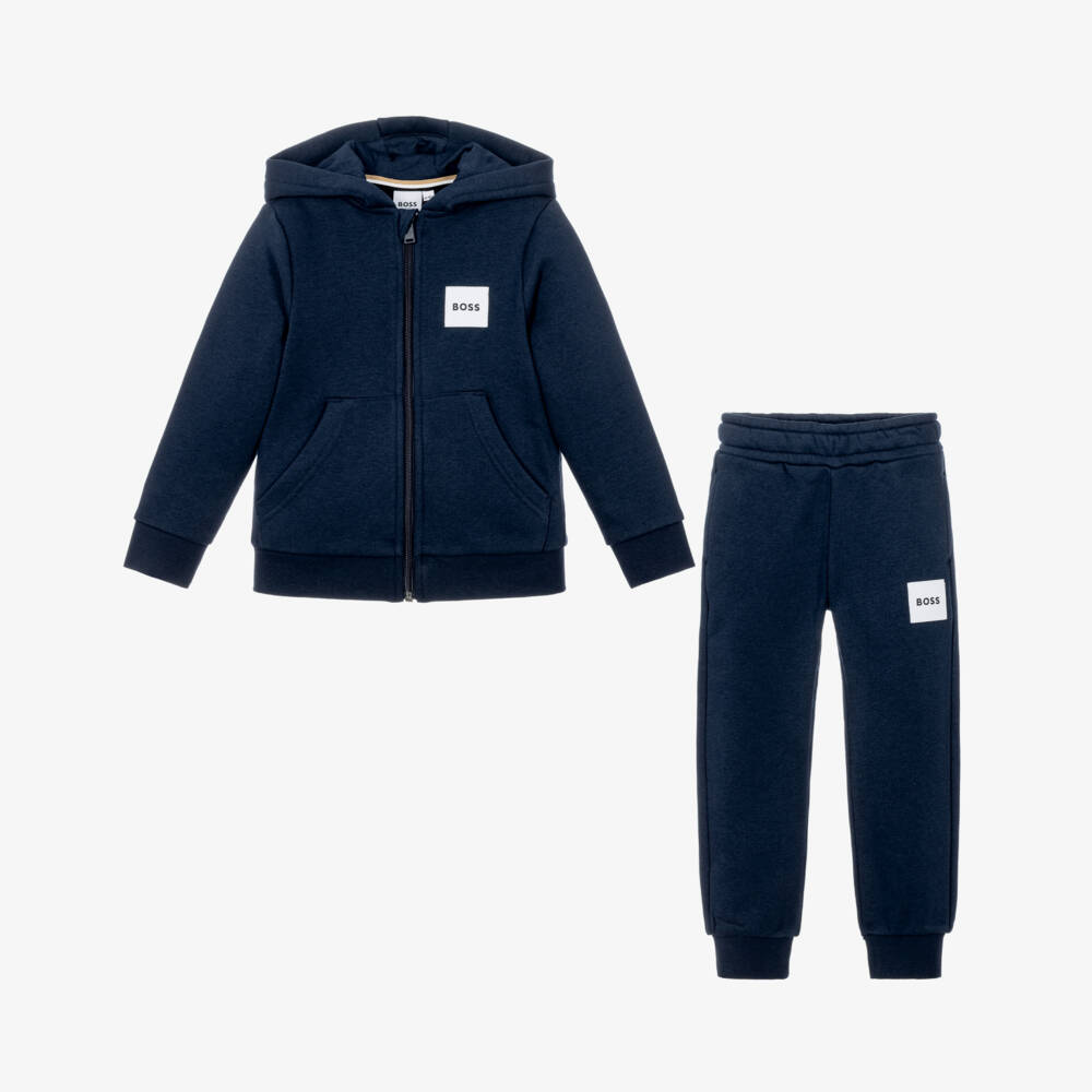 BOSS-Boys Cotton Jersey Zip-Up Tracksuit in Navy Blue | Childrensalon
