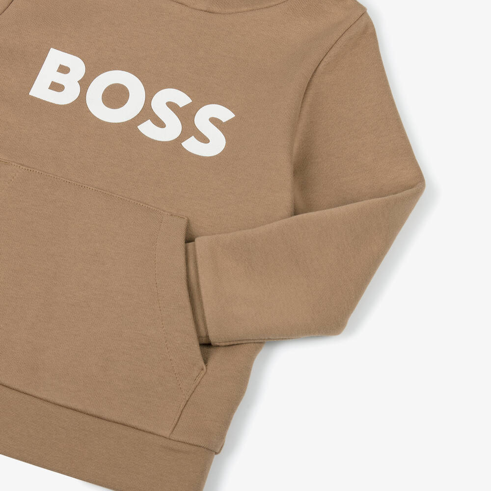 BOSS-توب هودي قطن لون بيج داكن للأولاد | Childrensalon