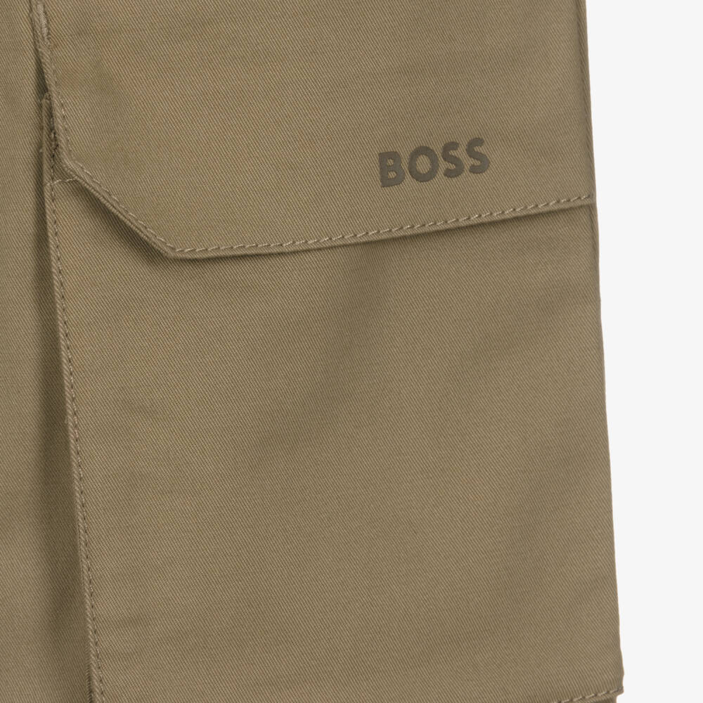 BOSS-Boys Dark Beige Cotton Twill Cargo Trousers | Childrensalon