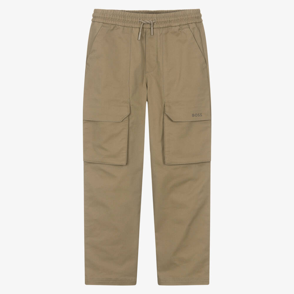 BOSS-Boys Dark Beige Cotton Twill Cargo Trousers | Childrensalon