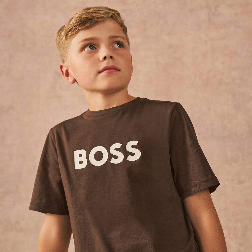 BOSS-Boys Dark Brown Cotton T-Shirt with Logo Print | Childrensalon