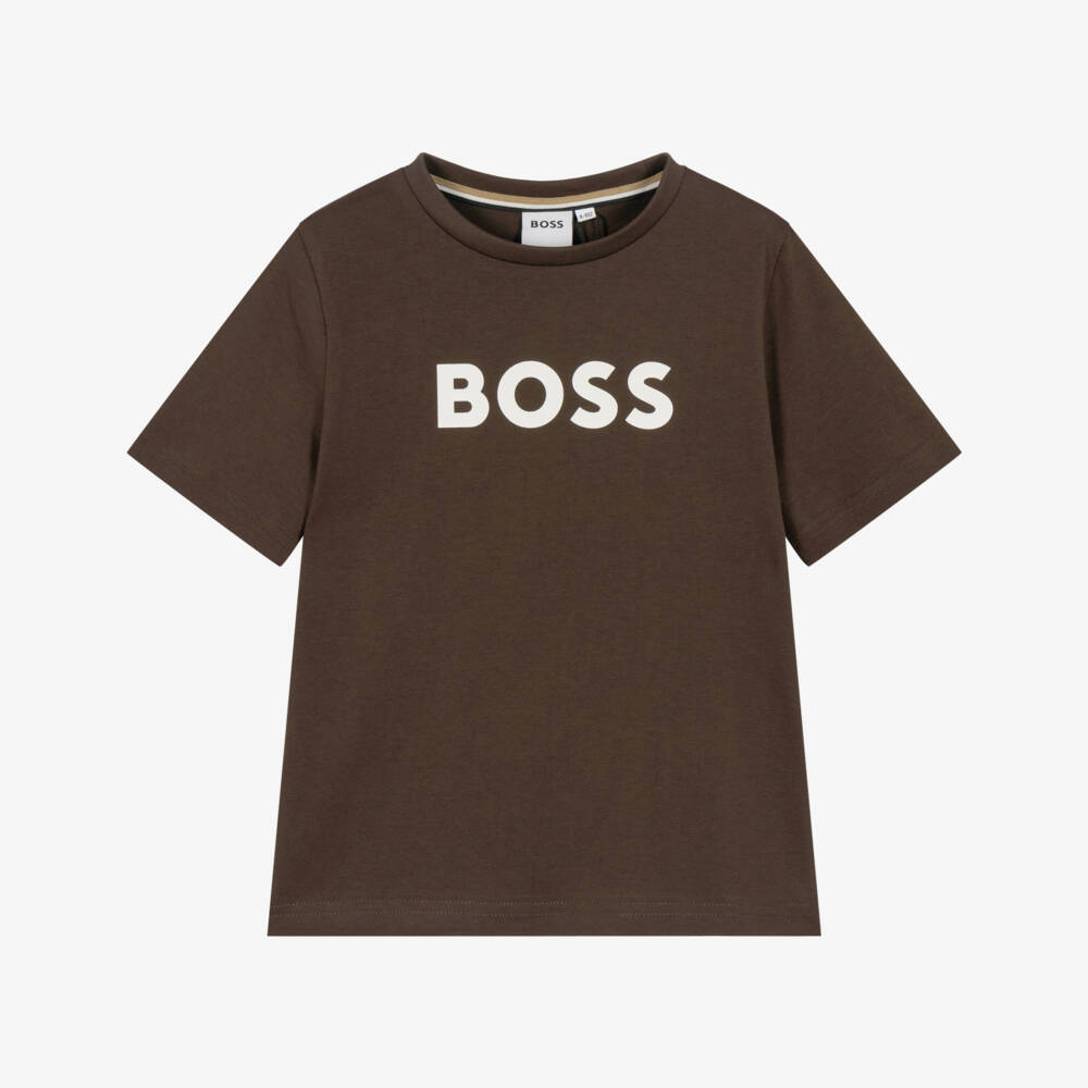 BOSS-Boys Dark Brown Cotton T-Shirt with Logo Print | Childrensalon
