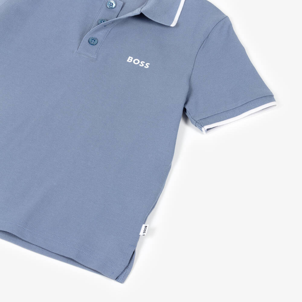 BOSS-تيشيرت بولو قطن لون أزرق داكن للأولاد | Childrensalon