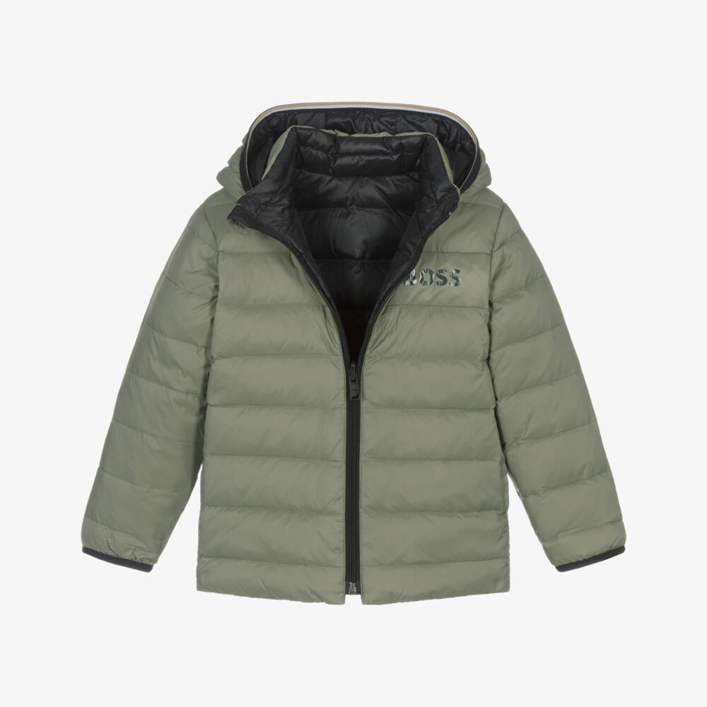 BOSS-Boys Green & Black Reversible Puffer Jacket | Childrensalon