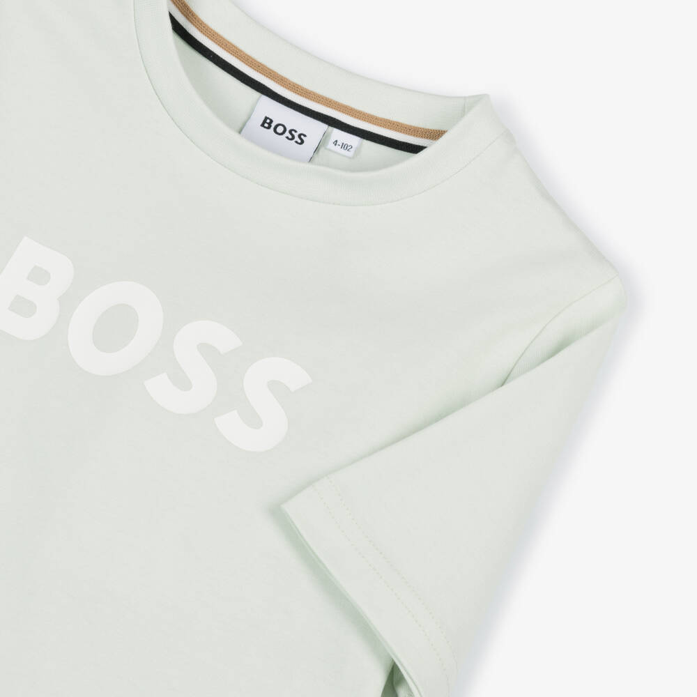 BOSS-Boys Green Cotton Crew Neck T-Shirt with Logo Print | Childrensalon