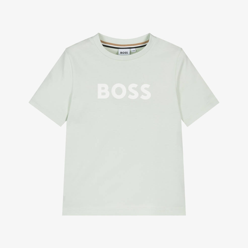 BOSS-Boys Green Cotton Crew Neck T-Shirt with Logo Print  | Childrensalon