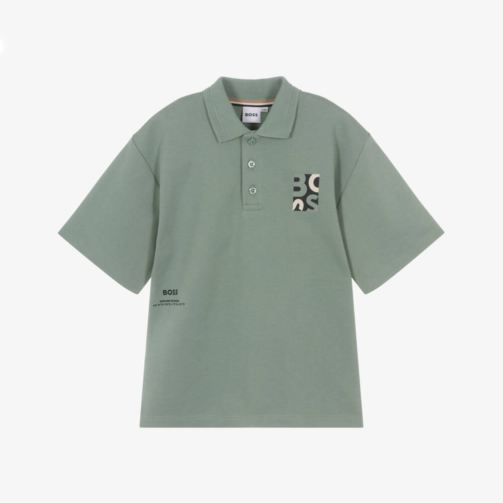 BOSS-Boys Green Cotton Piqué Polo Shirt with Abstract Logo | Childrensalon