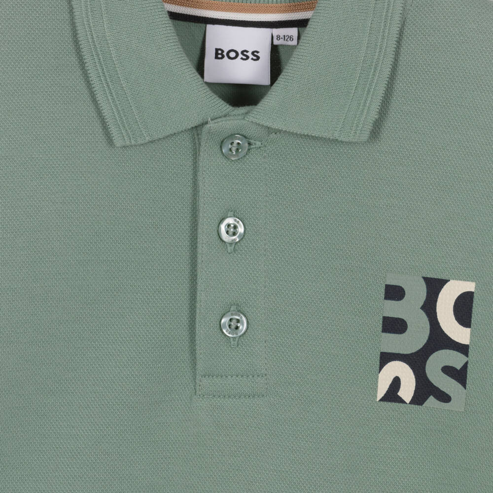 BOSS-Boys Green Cotton Piqué Polo Shirt with Abstract Logo | Childrensalon