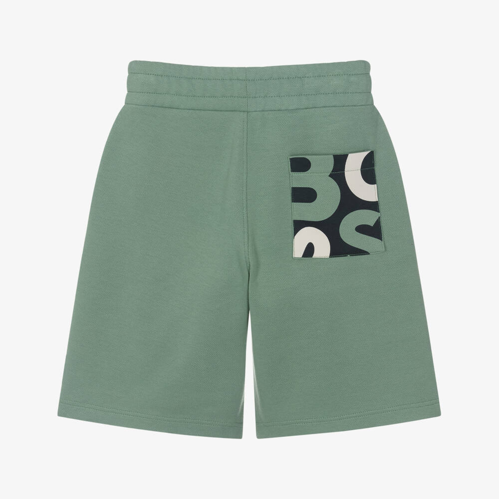 BOSS-Boys Green Cotton Piqué Shorts with Abstract Logo | Childrensalon