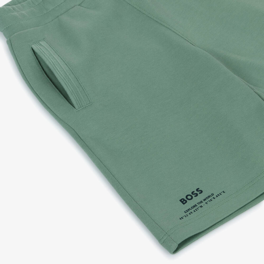 BOSS-Boys Green Cotton Piqué Shorts with Abstract Logo | Childrensalon