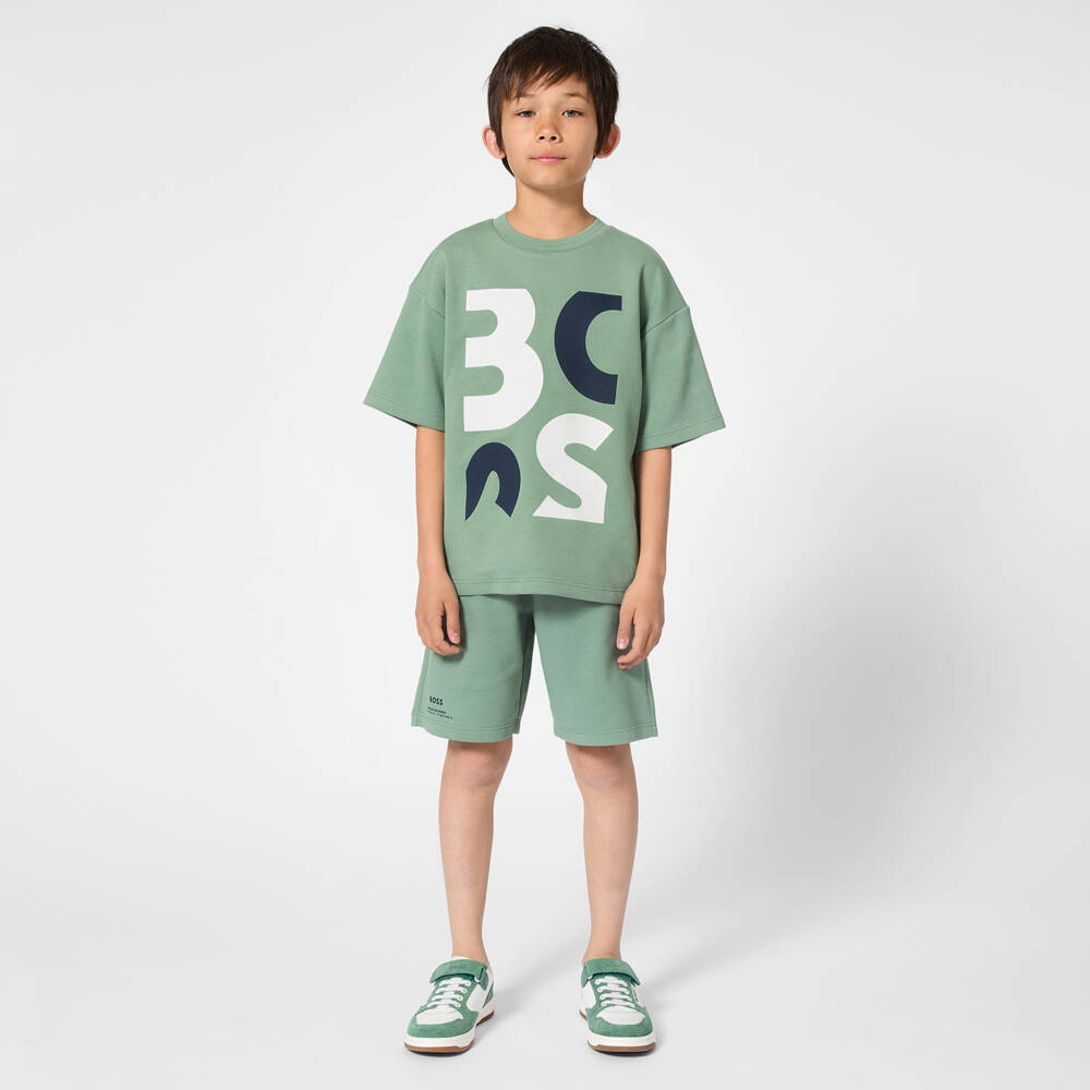 BOSS-Boys Green Cotton Piqué Shorts with Abstract Logo | Childrensalon
