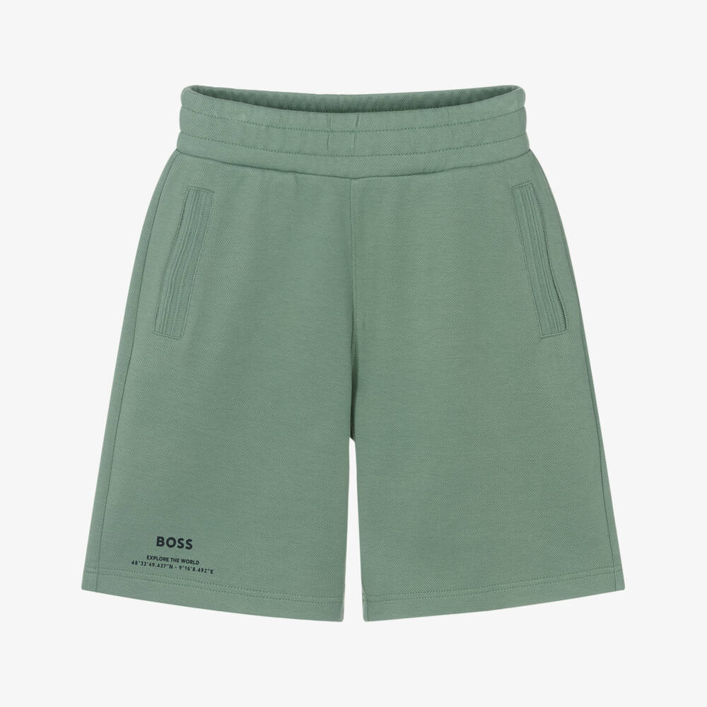 BOSS-Boys Green Cotton Piqué Shorts with Abstract Logo | Childrensalon