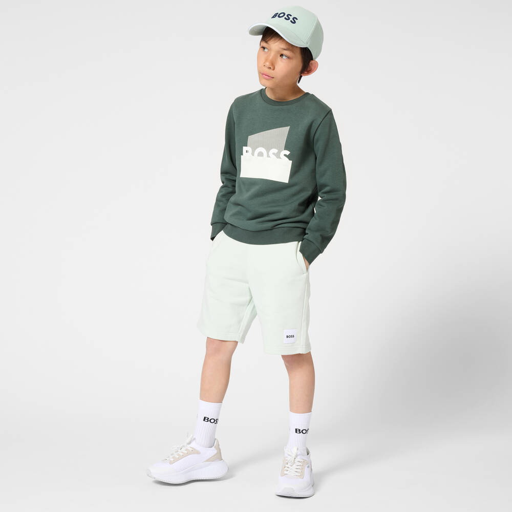 BOSS-سويتشيرت قطن بشعار مقسم لون أخضر للأولاد | Childrensalon