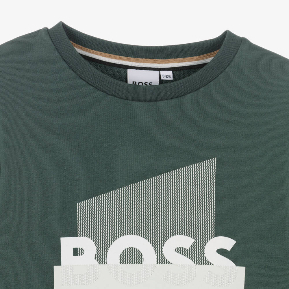BOSS-Boys Green Cotton Sweatshirt with Updated Split Logo Print | Childrensalon