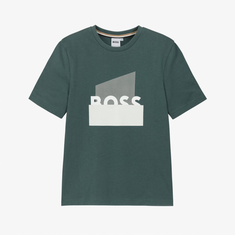 BOSS-Boys Green Cotton T-Shirt with Updated Split Logo Print | Childrensalon