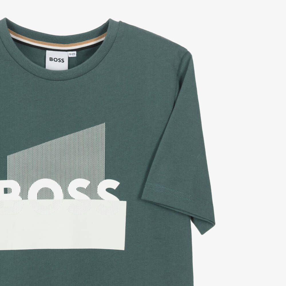 BOSS-Boys Green Cotton T-Shirt with Updated Split Logo Print | Childrensalon