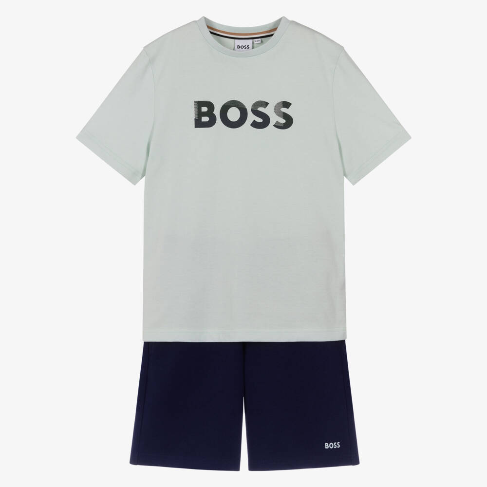 BOSS-Boys Green & Navy Blue Jersey Shorts Set  | Childrensalon