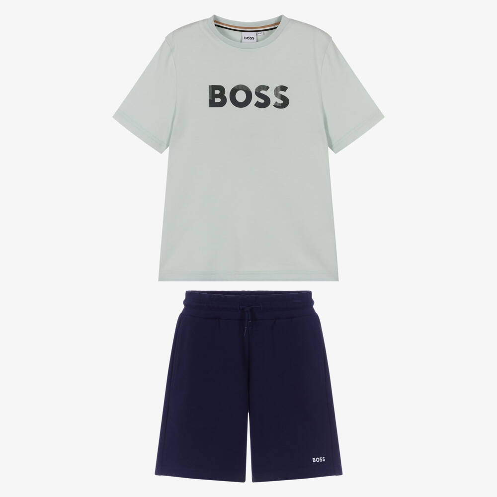 BOSS-Boys Green & Navy Blue Jersey Shorts Set  | Childrensalon