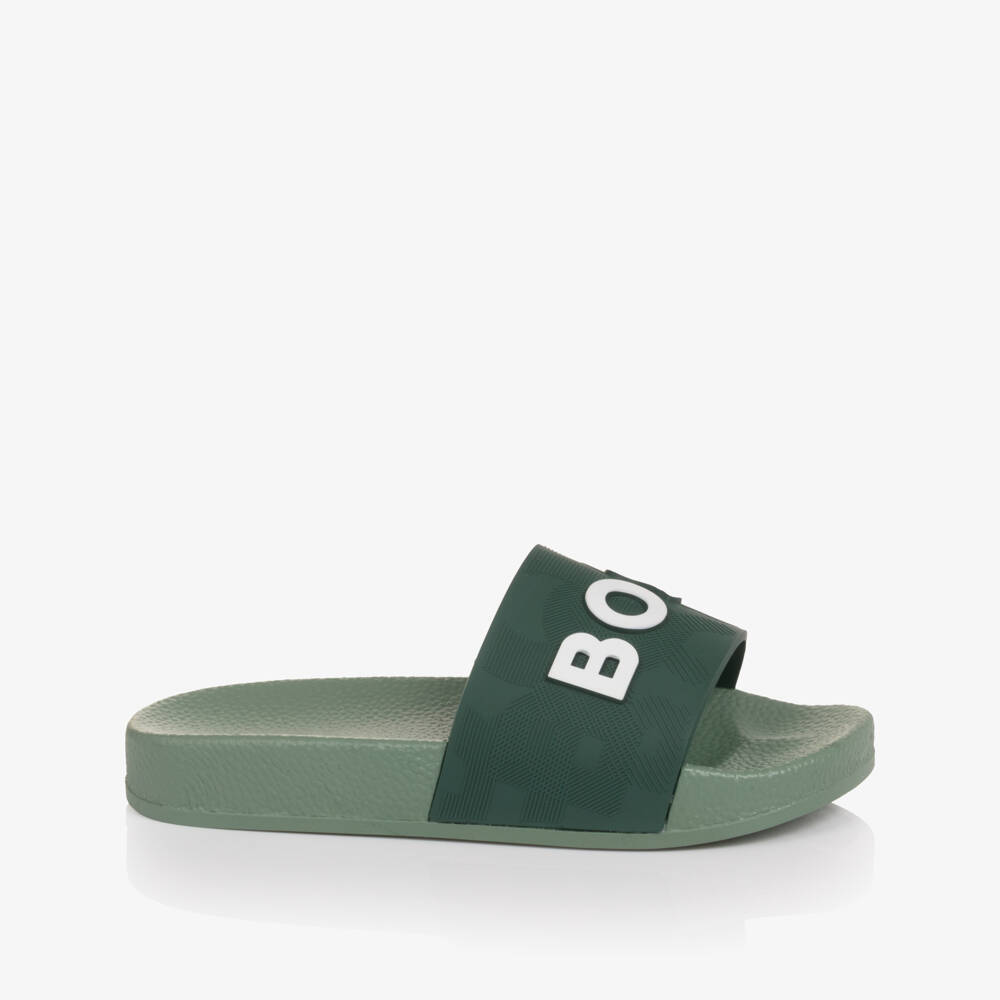 BOSS-Boys Green Sliders with White Logo | Childrensalon