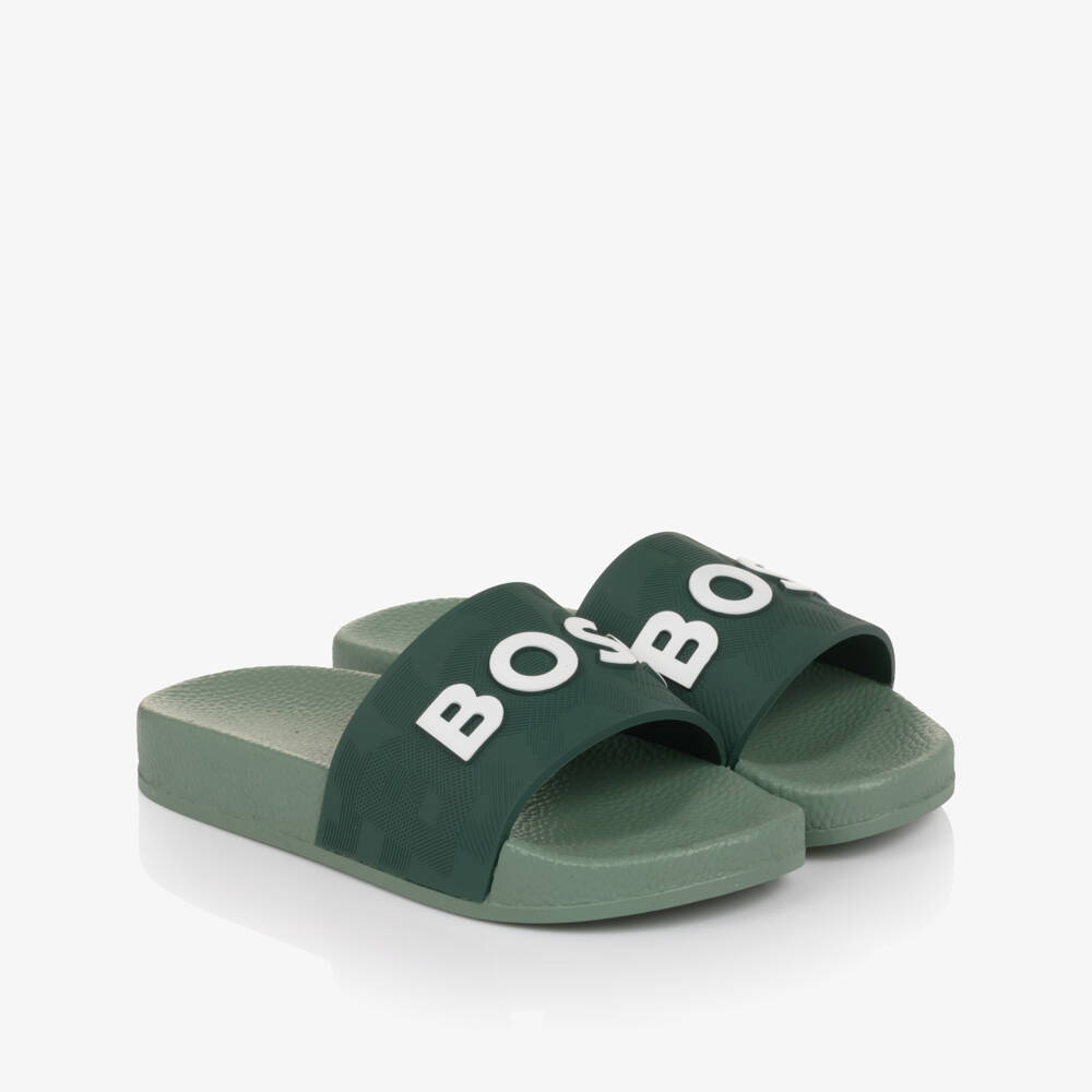 BOSS-Boys Green Sliders with White Logo | Childrensalon