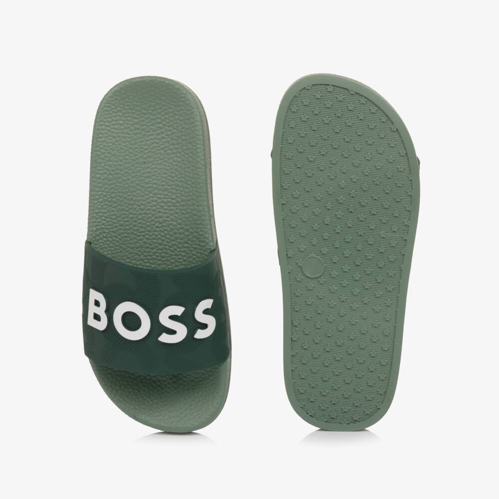 BOSS-Boys Green Sliders with White Logo | Childrensalon