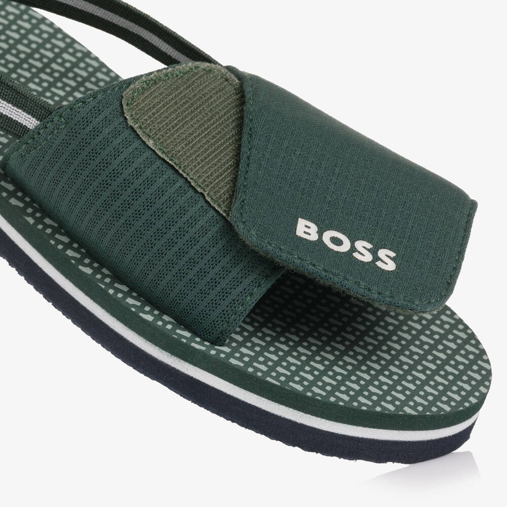 BOSS-Boys Green Wide Velcro Strap Logo Sandals | Childrensalon