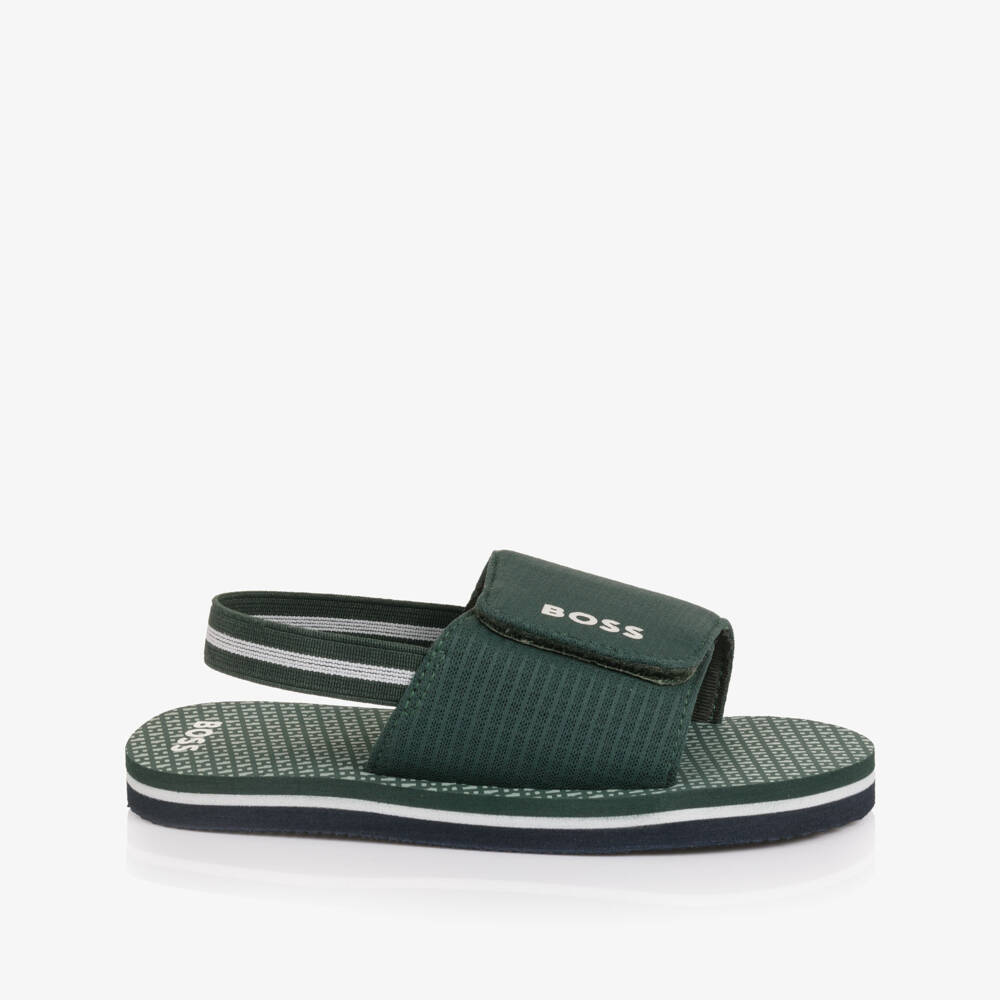 BOSS-Boys Green Wide Velcro Strap Logo Sandals | Childrensalon