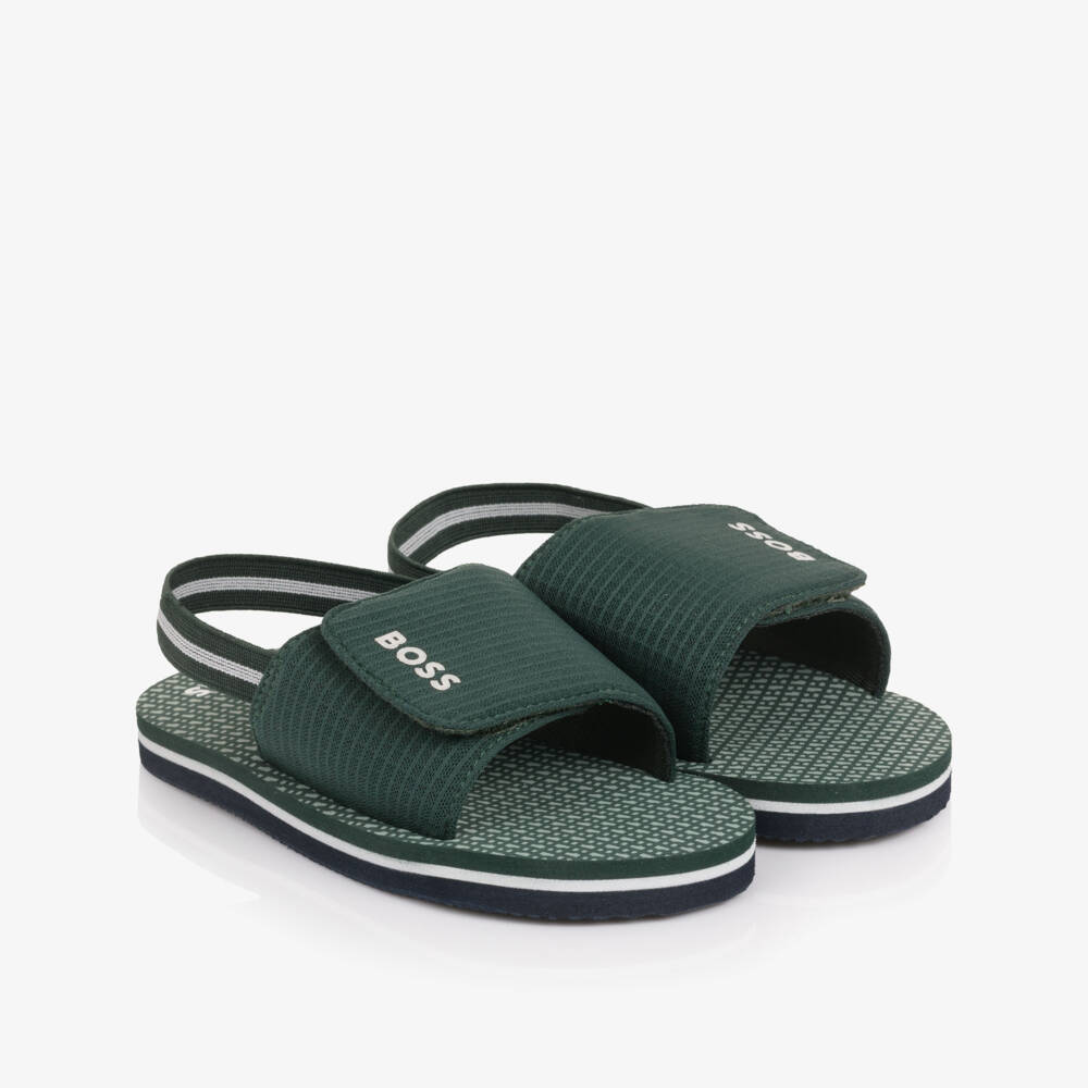 BOSS-Boys Green Wide Velcro Strap Logo Sandals | Childrensalon