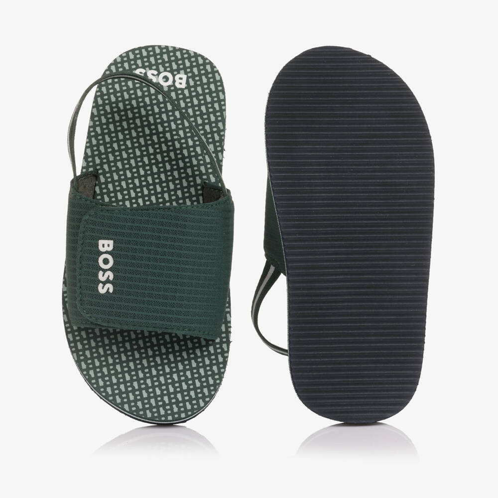 BOSS-Boys Green Wide Velcro Strap Logo Sandals | Childrensalon