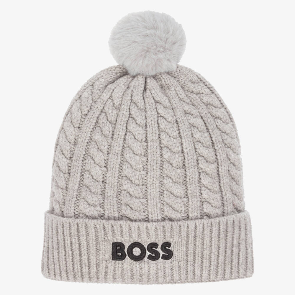 BOSS-Boys Grey Cable Knit Bobble Hat | Childrensalon