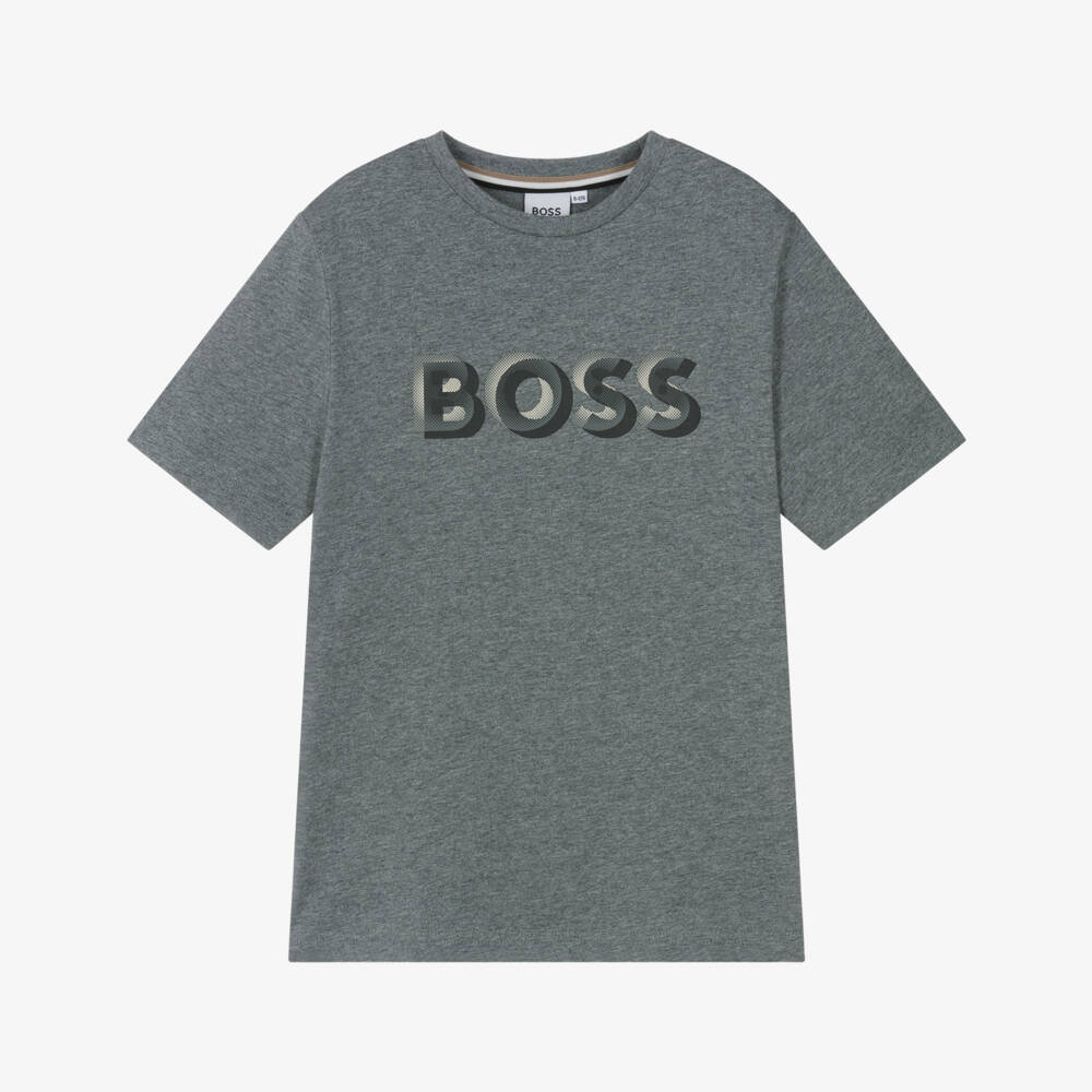 BOSS-Boys Grey Cotton 3D Logo T-Shirt | Childrensalon