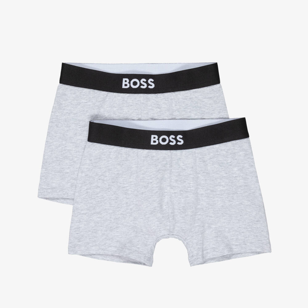 BOSS-Boys Grey Cotton Boxer Shorts with Logo Waistband (2 Pack) | Childrensalon