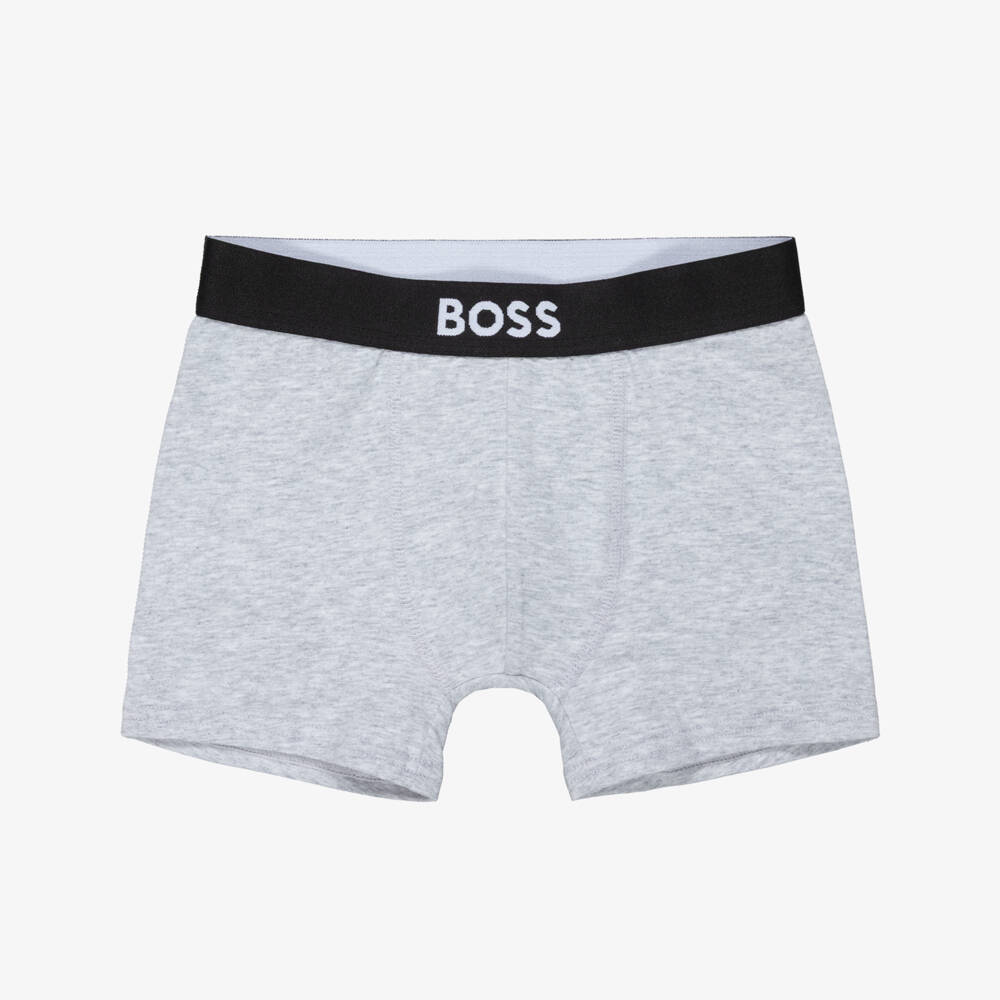 BOSS-Boys Grey Cotton Boxer Shorts with Logo Waistband (2 Pack) | Childrensalon