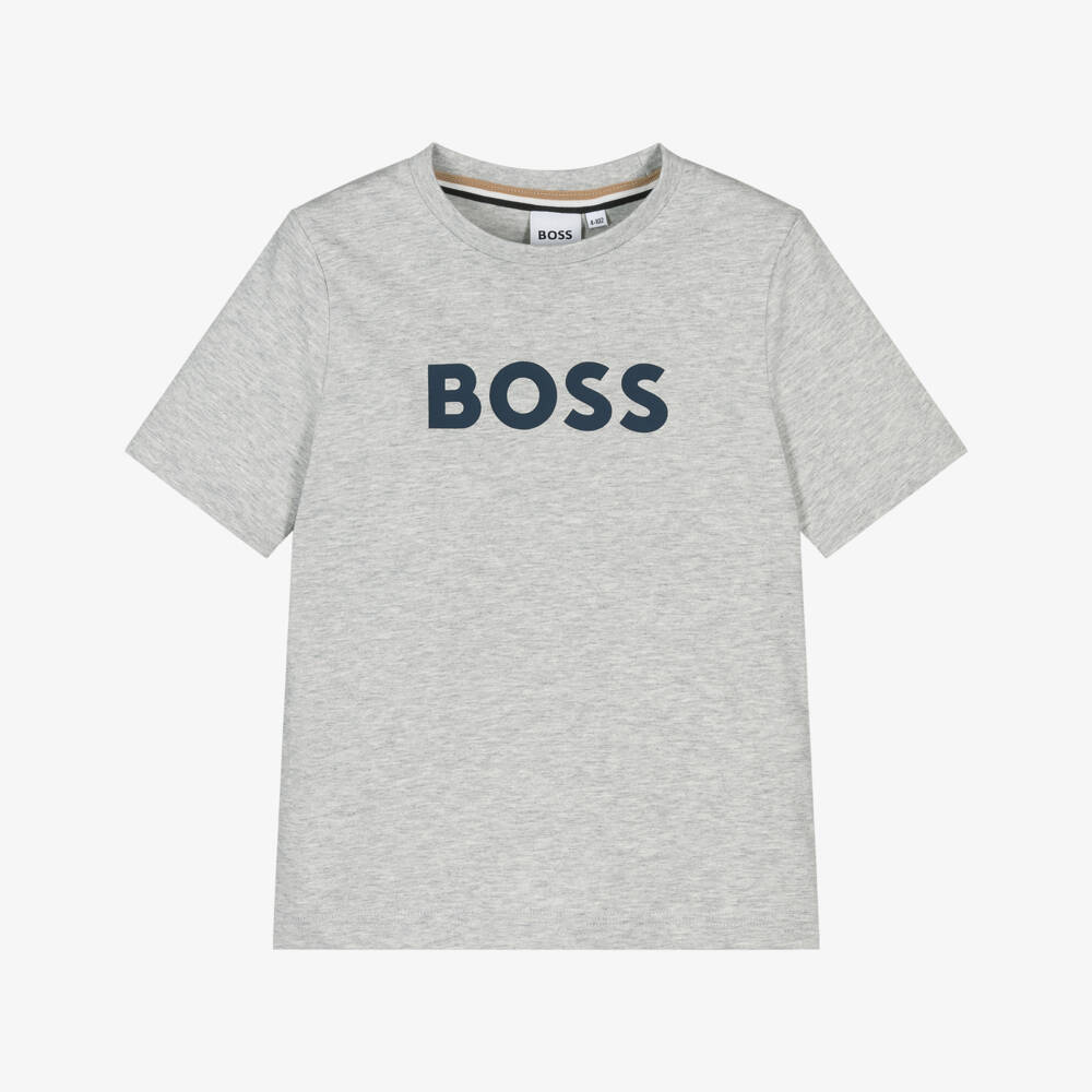 BOSS-Boys Grey Cotton Crew Neck T-Shirt with Logo Print | Childrensalon