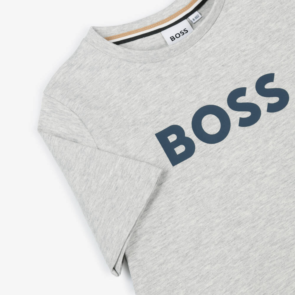 BOSS-Boys Grey Cotton Crew Neck T-Shirt with Logo Print | Childrensalon