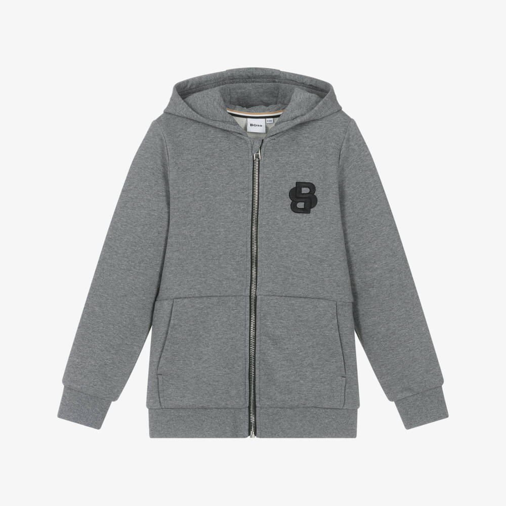 BOSS-Boys Grey Cotton Zip-Up Hoodie with Double B Monogram Logo | Childrensalon