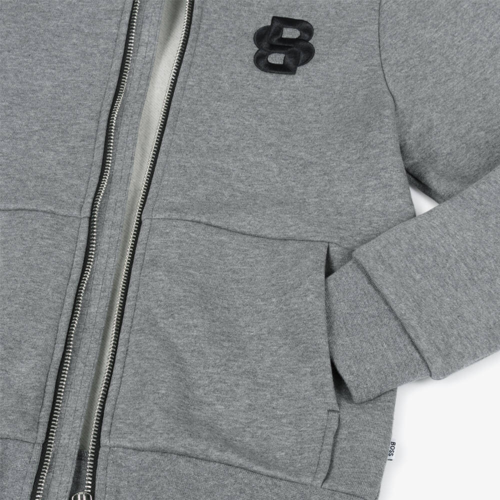 BOSS-Boys Grey Cotton Zip-Up Hoodie with Double B Monogram Logo | Childrensalon