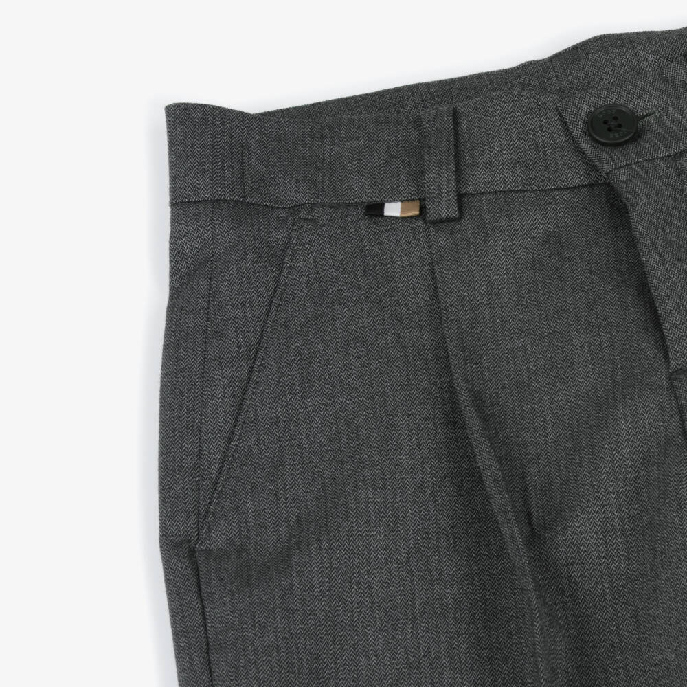 BOSS-Boys Grey Herringbone Trousers with Turn-Ups | Childrensalon