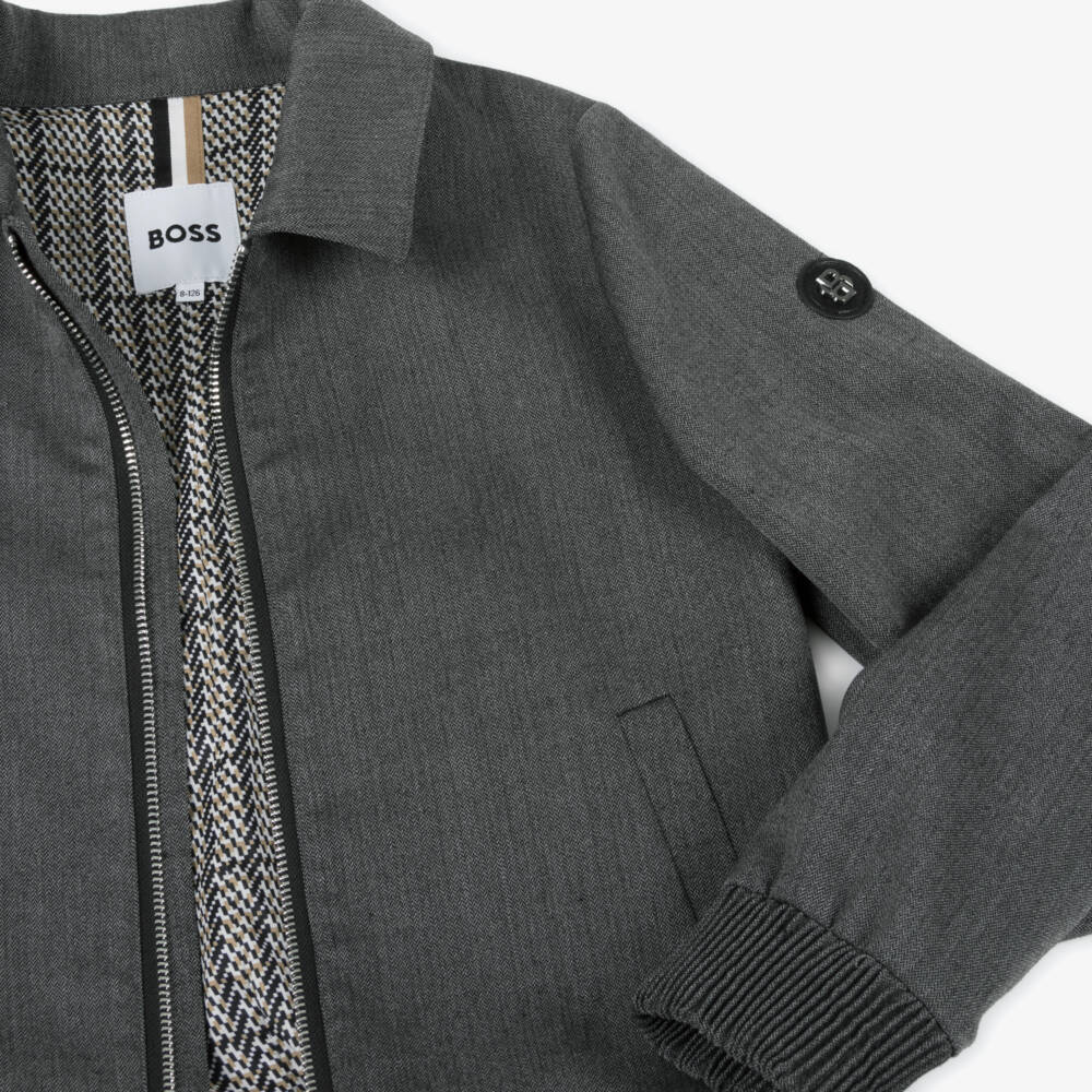 BOSS-Boys Grey Herringbone Zip-Up Blouson Jacket | Childrensalon