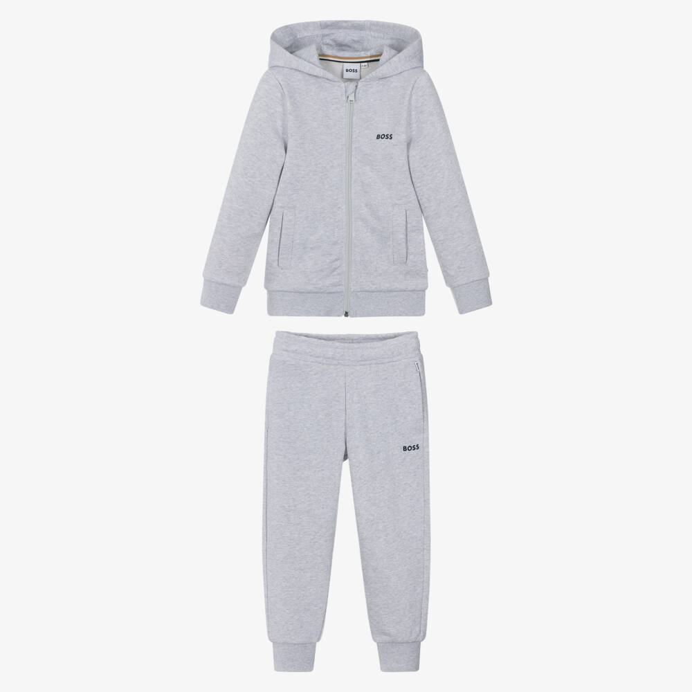 BOSS-Boys Grey Marl Zip-Up Hooded Tracksuit | Childrensalon