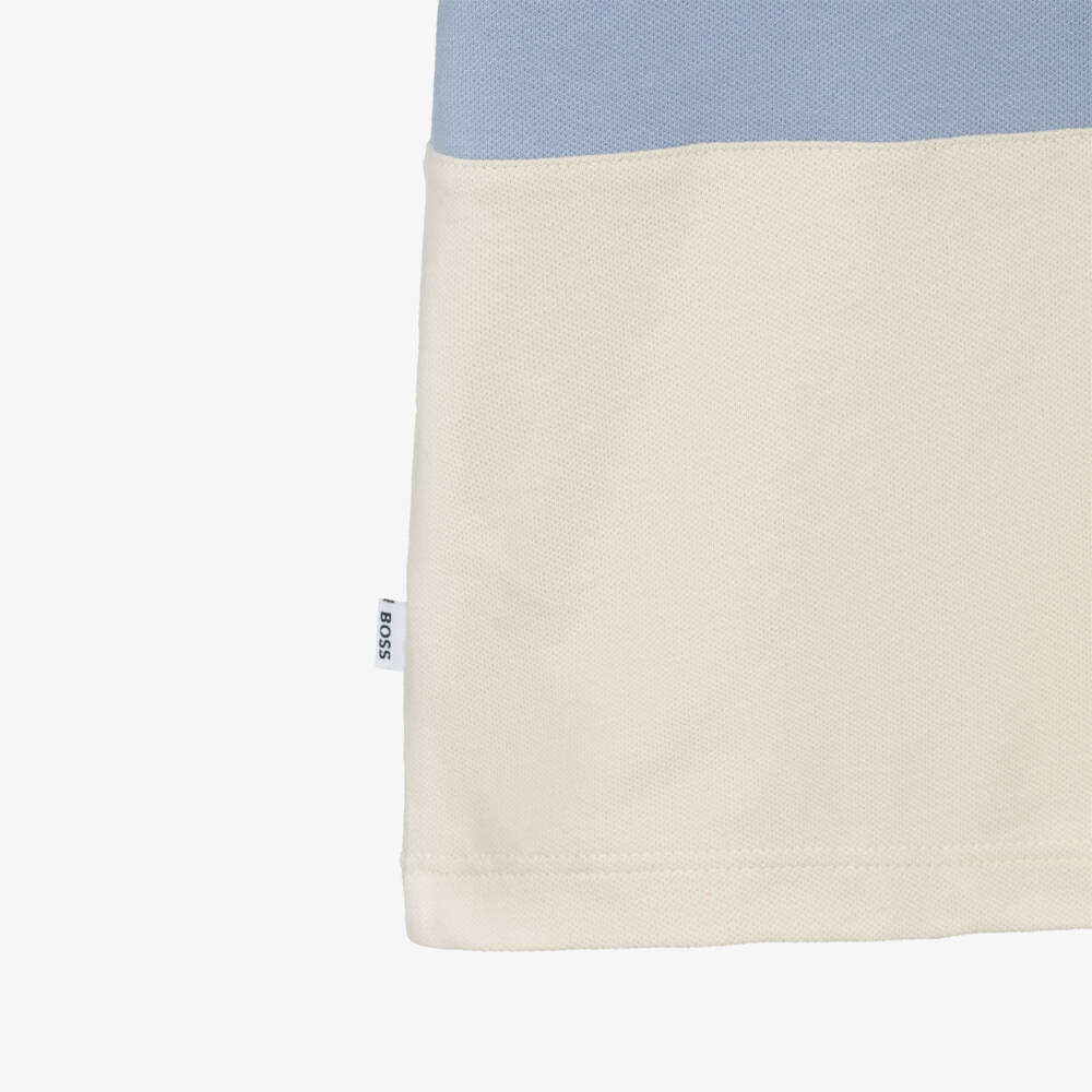BOSS-Boys Ivory & Blue Cotton Piqué Colorblock T-Shirt | Childrensalon