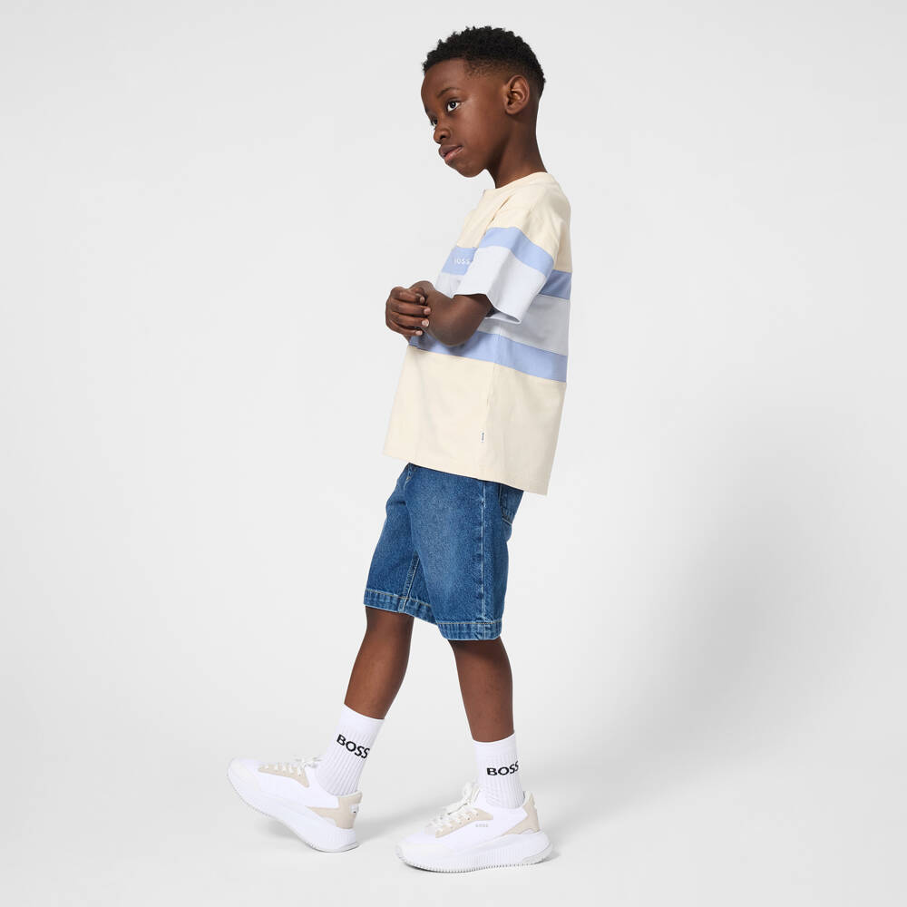 BOSS-Boys Ivory & Blue Cotton Piqué Colorblock T-Shirt | Childrensalon