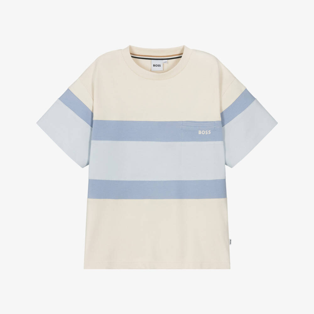 BOSS-تيشيرت قطن بيكيه لون عاجي وأزرق للأولاد | Childrensalon