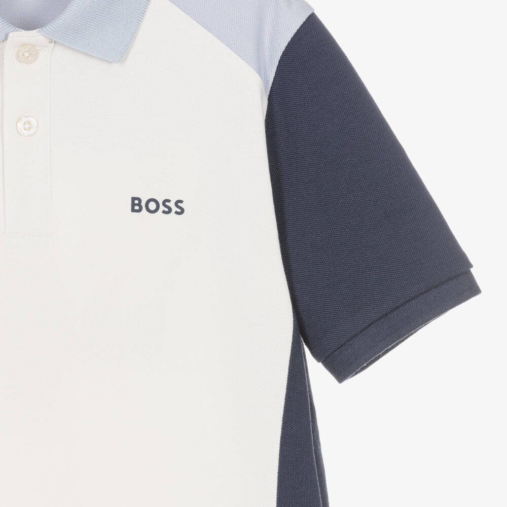 BOSS-Boys Ivory & Blue Cotton Piqué Polo Shirt | Childrensalon