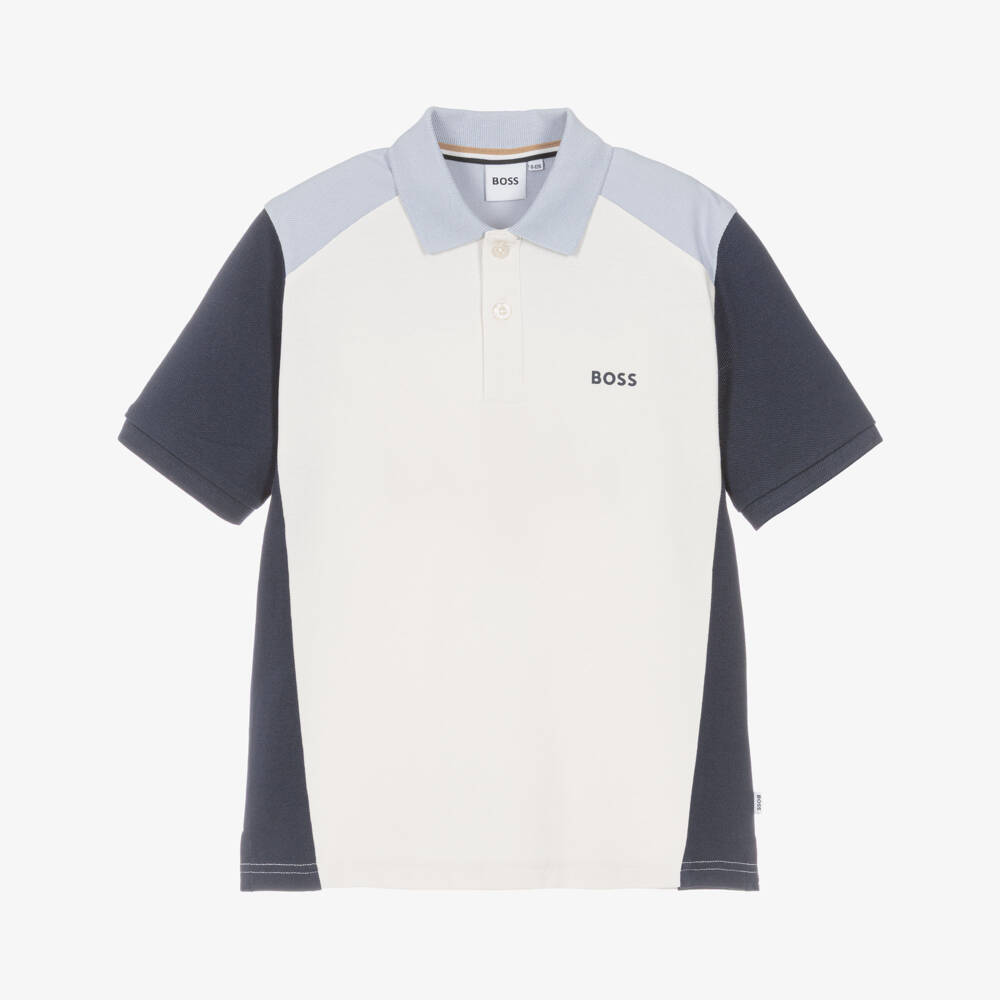 BOSS-Boys Ivory & Blue Cotton Piqué Polo Shirt | Childrensalon