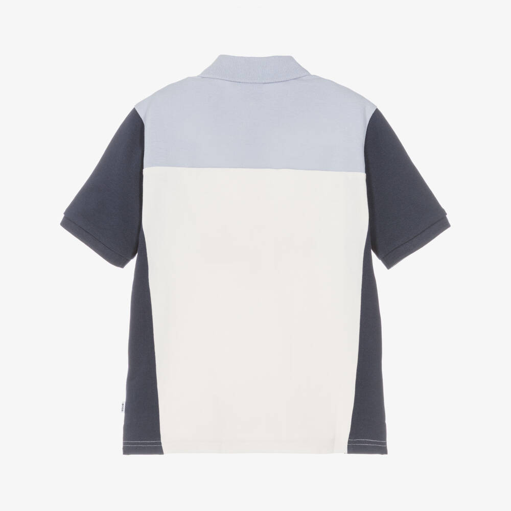 BOSS-Boys Ivory & Blue Cotton Piqué Polo Shirt | Childrensalon