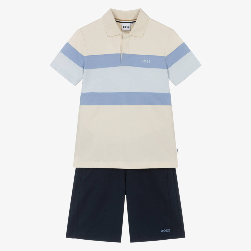 BOSS-Boys Ivory & Blue Polo Shirt & Bermuda Shorts Set | Childrensalon